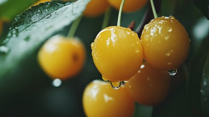 Poster - Close up of fresh yellow cherries with raindrops on leaves showcasing ripe fruits from nature in a natural setting