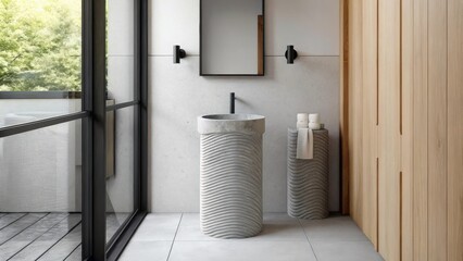 Poster - In a contemporary bathroom a freestanding sink made from sculpted concrete stands against a minimalist backdrop. Its artistic curves catch the light transforming a functional