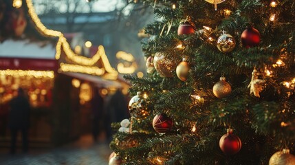 Poster - Festive Christmas tree adorned with gold and red ornaments at a traditional Advent fair with glowing lights and decorations in the background