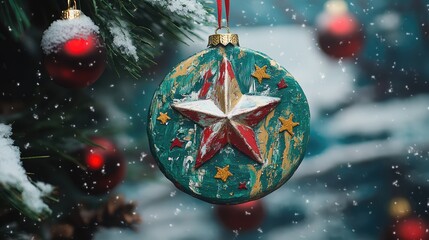 Poster - Christmas ornament with star design hanging on snowy winter background featuring green and red decorations for festive holiday atmosphere