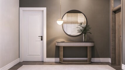 Poster - A stylish entryway featuring a sleek console table with soft curves topped with a minimalistic vase. The walls are painted in a calming gray and a round mirror reflects gentle
