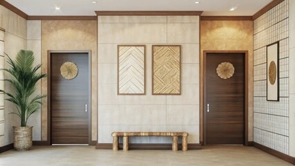 Aufkleber - A harmoniously designed hallway that showcases a simple bench and artwork made from natural materials. The walls are adorned with subtle textures and a small indoor plant adds a
