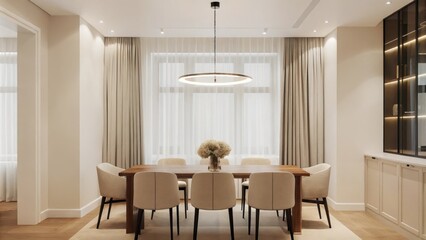Poster - A refined dining room with a modern wooden table set for six surrounded by upholstered chairs in a soft oatmeal fabric. A simple centerpiece of fresh flowers rests beneath an