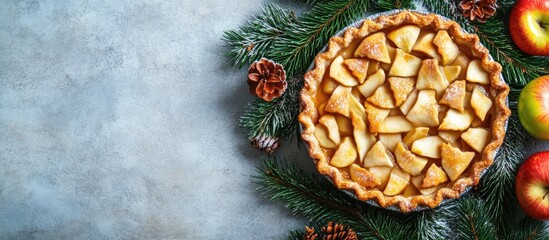 Aufkleber - Festive apple pie with fresh ingredients surrounded by evergreen foliage on a stone backdrop for holiday baking inspiration