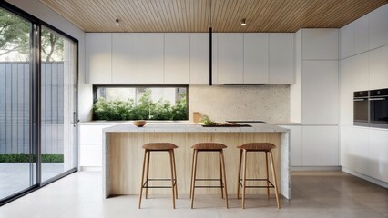Aufkleber - An open kitchen with crisp white cabinetry and a minimalist island made from polished stone. Wooden bar stools sit quietly beside the island and a small herb garden thrives on the