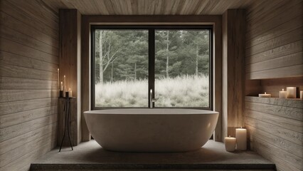 Poster - A serene bathroom featuring a freestanding soaking tub with a rough stone surround candles in mismatched holders and a window overlooking a wild untamed garden the ambiance