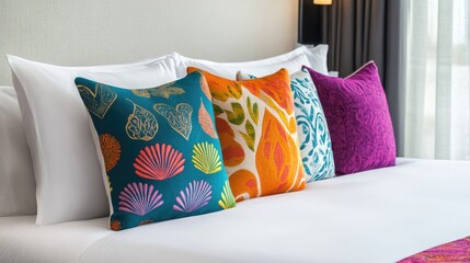 Aufkleber - Colorful decorative pillows arranged on a white bed in a contemporary bedroom showcasing modern interior design aesthetics