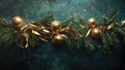 Aufkleber - Christmas tree branch adorned with gold ornaments and shimmering ribbons on a textured teal background