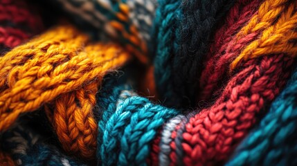 Fototapete - Colorful wool scarf with intricate knitted patterns and large binding needles beautifully arranged in a closeup textile background.