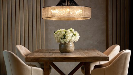 Poster - A chic dining area highlighted by a rustic wooden table paired with plush cream chairs set under an elegant pendant light with a centerpiece of fresh white flowers in a glossy