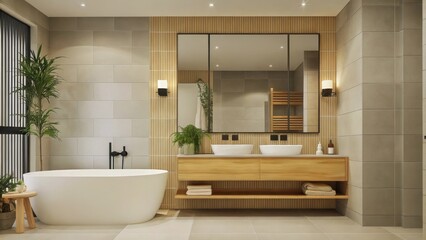 Poster - A chic bathroom where a freestanding bathtub aligns perfectly with a floating vanity in soft wood tones accented by brushed nickel fixtures. Large tiles in earthy hues create a