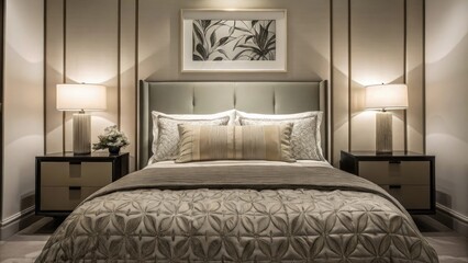 Poster - A master bedroom showcasing a kingsized bed with a plush intricately patterned duvet layered with a cashmere throw accompanied by elegant bedside tables topped with delicate