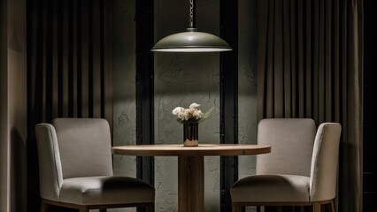 Poster - A cozy dining nook with a round wooden table set for three surrounded by simple upholstered chairs in soft earth tones illuminated by a pendant light with a warm glow and decorated