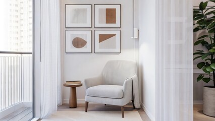 Aufkleber - A cozy reading nook filled with natural light showcasing a soft slouchy chair and a small wooden side table. The backdrop features a living plant wall combined with modern artwork