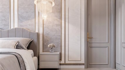 Poster - A serene bedroom showcasing a muted palette of soft grays and whites with a lowprofile upholstered bed adorned in luxurious linens a delicate crystal chandelier and a minimalist