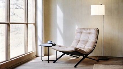 Poster - A cozy reading nook in the corner of a sunlit room featuring a lowslung lounge chair upholstered in soft leather a simple side table for a cup of tea and a tall floor lamp with a