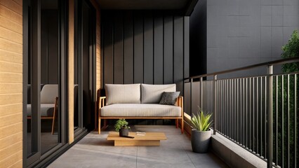 Poster - A minimalist balcony adorned with an elegant outdoor sofa in weatherresistant fabric a small coffee table and subtle planters filled with greenery all designed to maximize the view