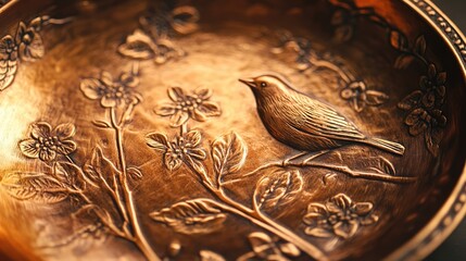Aufkleber - Close up of vintage copper dish featuring intricate plant and bird motifs perfect for artistic background or decorative design projects