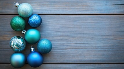 Poster - Colorful Christmas ornaments on rustic wooden background with ample space for seasonal text or holiday greetings