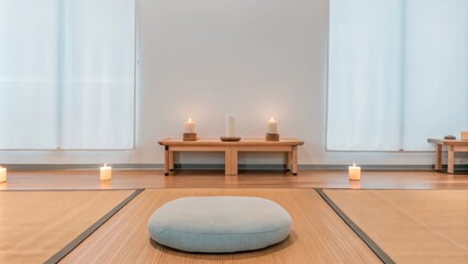 Poster - A minimalist meditation space showcases a clean uncluttered floor with a simple round cushion in a soft pastel color surrounded by gentle ambient lighting and calming aromatic