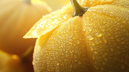 Poster - Close up of fresh yellow melon fruit with dew drops on vine in a sunlit garden setting showcasing vibrant natural textures and colors.