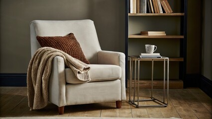 Aufkleber - A cozy reading nook tucked into a corner furnished with a deep armchair covered in a soft textile a small side table holding a steaming cup of tea and a bookshelf lined with