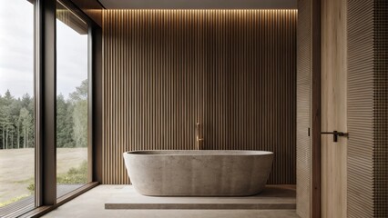 Aufkleber - A contemporary bathroom features a freestanding tub made of smooth stone set against a backdrop of textured wooden panels. Brass fixtures provide an elegant contrast while large