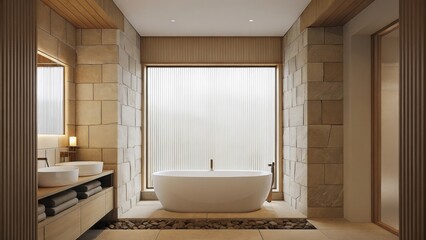Aufkleber - A zeninspired spa bathroom with a freestanding soaking tub positioned beneath a frosted window for privacy. Natural stone tiles in calming earth tones and a wallmounted vanity with