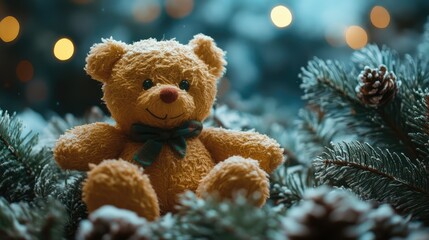 Poster - Festive teddy bear surrounded by pine branches and warm lights creating a cozy holiday atmosphere