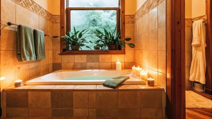 Poster - A serene bathroom designed for relaxation featuring a deep soaking tub surrounded by stone tiles and soft candles. A window lets in natural light highlighting the calming hues of