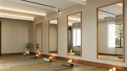 Aufkleber - A yoga studio with soft natural wood floors and large mirrors reflecting the peaceful ambiance. The space is illuminated by warm track lighting and is adorned with fragrant candles