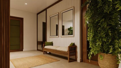 Poster - A spacious entryway features a woven bench made of natural fibers accented with fluffy cushions. A gallery wall of simple framed art and a large mirror reflect light while a jute