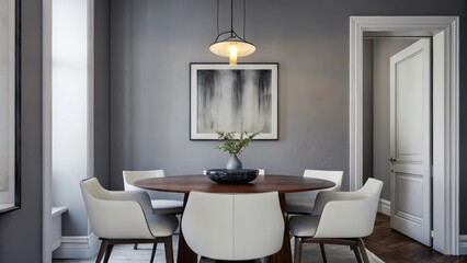 Poster - A minimalist dining area with an elegant wooden table surrounded by simple white chairs a muted gray wall adorned with a single framed abstract artwork and a warm pendant light