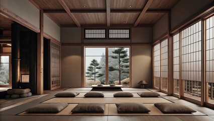 Aufkleber - A peaceful meditation or yoga room featuring tatami mats and low seating cushions. Soft neutral wall colors and a small zen garden enhance the sense of tranquility while large