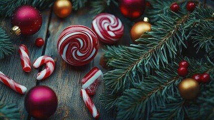 Aufkleber - Christmas tree branches adorned with colorful candy ornaments and festive treats on a rustic wooden surface for holiday-themed designs