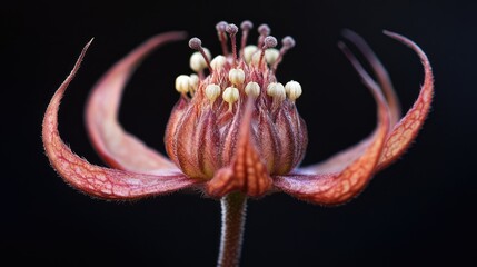 Poster - Close up of an exotic flower showcasing intricate petals and unique textures against a dark background for striking visual impact