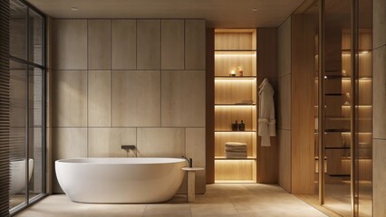 Aufkleber - A luxurious bathroom showcasing a freestanding tub with minimalist fixtures surrounded by natural stone tiles. Warm wood accents on cabinetry and shelving create a spalike ambiance