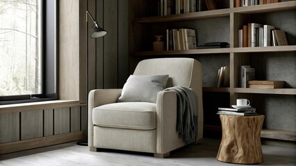 Aufkleber - An inviting reading nook filled with a plush armchair upholstered in soft natural fabric a side table crafted from driftwood and shelves overflowing with books all bathed in warm