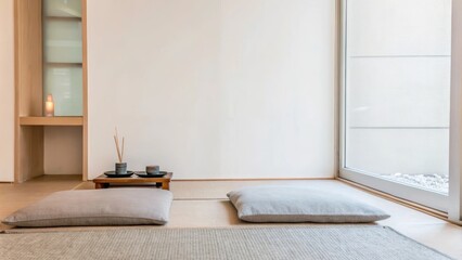 Aufkleber - A peaceful meditation room is simply furnished with a plush mat and a few soft cushions. Pale colors and natural light create a serene environment with a small wall shelf holding