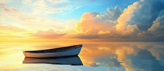 Poster - Serene sunset skies with dramatic clouds reflected over calm sea waters featuring a tranquil boat anchored peacefully