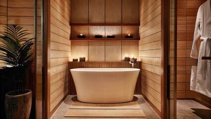 Poster - A bath retreat showcases a freestanding tub with minimalist lines surrounded by warm wooden panels. Soft ambient lighting is provided by recessed fixtures while neatly arranged