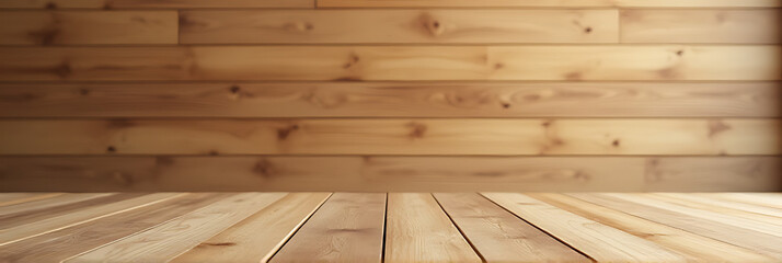 Poster - A minimalist wooden tabletop sits atop a wooden wall background, suitable for product displays or design visualizations._00003_