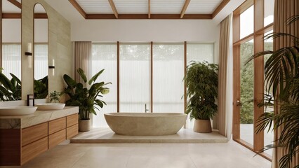 Poster - A calming bathroom designed with a freestanding stone tub matte wooden cabinetry and large potted plants that create a spalike atmosphere enhanced by natural light flooding through