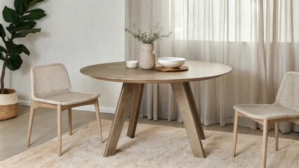 Aufkleber - A tranquil dining area showcasing a simple round wooden table with a live edge surrounded by minimalist chairs made of natural fibers complemented by a soft area rug and earthtoned