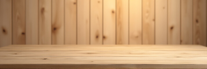 Poster - A minimalist wooden tabletop sits atop a wooden wall background, suitable for product displays or design visualizations._00004_