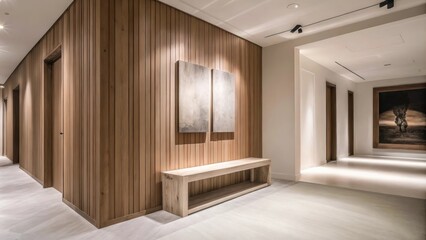 Aufkleber - A spacious hallway adorned with a woodpaneled accent wall featuring a simple bench made from reclaimed timber and warm ambient lighting highlighting artwork created from natural
