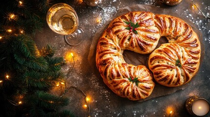 Poster - Traditional Christmas pastries arranged with spruce branches and sparkling wine, creating a festive holiday atmosphere with warm lights.