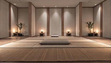 Aufkleber - A serene meditation room with a cushioned mat p in the middle surrounded by evenly spaced plants and soft lighting fostering a peaceful and balanced environment for relaxation.