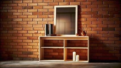 Fototapete - An understated entryway adorned with a slim console table a simple mirror above it for reflection and a few tasteful decorative objects such as a small sculpture and a single