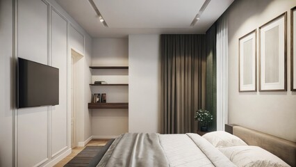 Aufkleber - A tranquil bedroom showcasing a soft neutral color palette with a plush understated bedding set an elegant unadorned headboard and a simple wallmounted shelf displaying a few